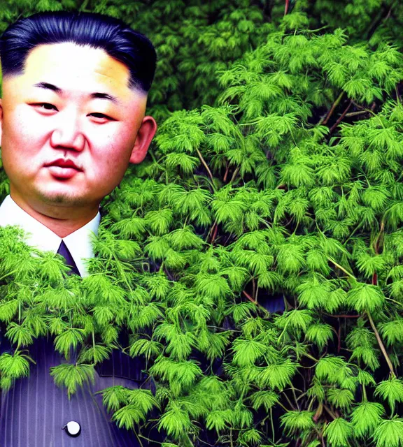 Image similar to colour araki nobuyoshi style close - up photography of detailed north korean kim chen with detailed smiling face, smelling detailed weed bush