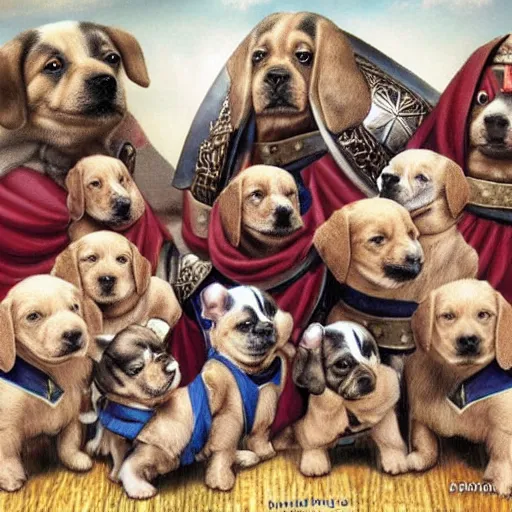 Prompt: A crusade of puppies