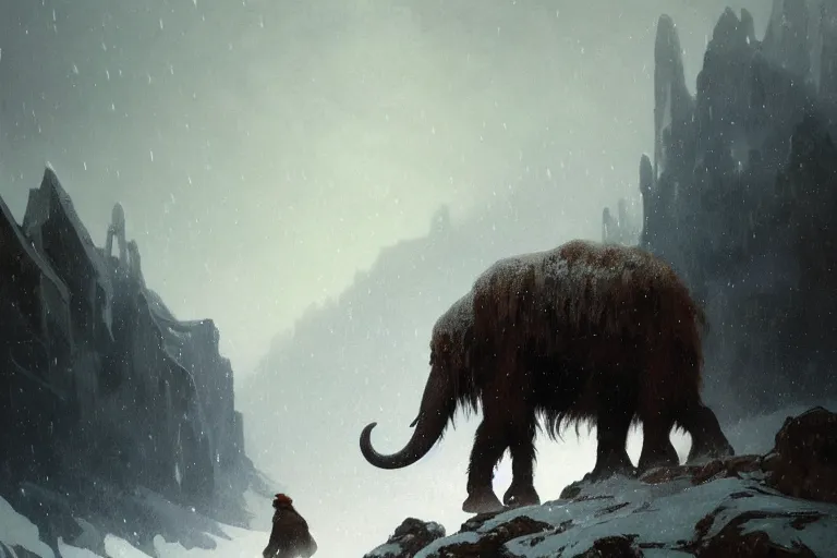 Prompt: a mammoth walking in a terrible snowstorm, luminous sky, by greg rutkowski and alphonse mucha, gradient brown to white, rocky mountains background, highly detailed landscape, digital painting, artstation, concept art, smooth, sharp focus illustration