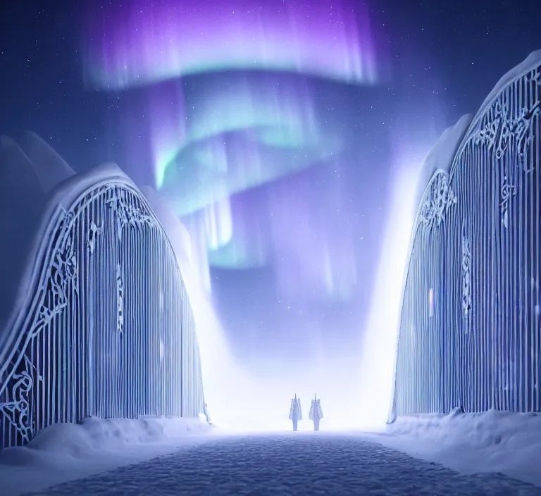 Image similar to a very detailed concept art of intricate and scandinavian white gates to aurora borealis infused with lights, trending on artstation, symmetry, digital art, 4 k, hyper realistic, octane render, sharp focus