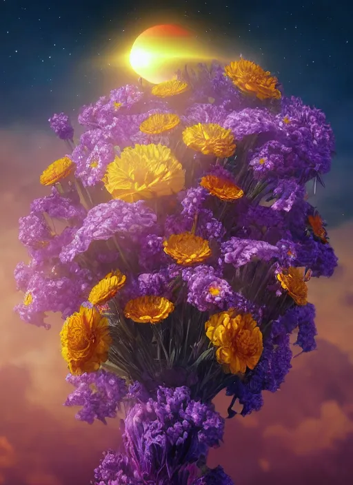 Image similar to An epic fantastic realism comic book style painting of the most beautiful flowers launched into space, bouquets, solar eclipse, fisheye, unreal 5, DAZ, hyperrealistic, octane render, dynamic lighting