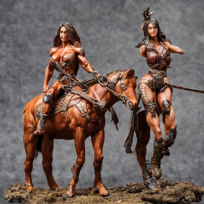 Image similar to 80mm resin detailed miniature of a Muscular Woman warrior standing next to a Horse, Product Introduction Photos, 4K, Full body, simple background