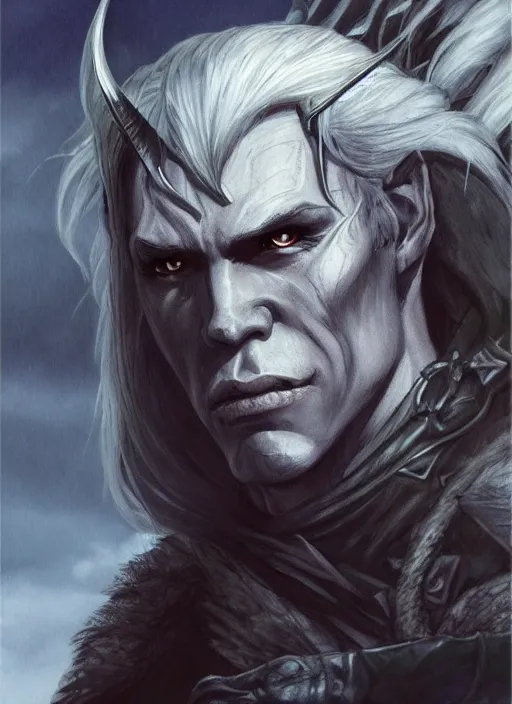 Image similar to dramatic portrait of drizzt do'urden, character art, high quality, very detailed