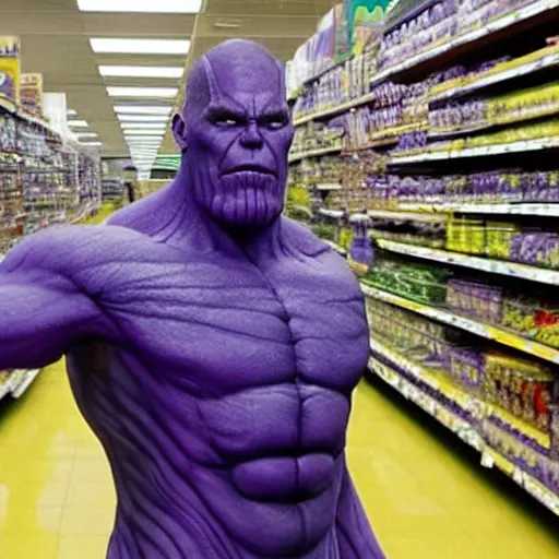 Prompt: thanos looking for his mom at wallmart, sharp focus