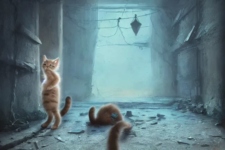 Prompt: a cute kitten wearing a dress is on an adventure through an abandoned town in the night, 3d scene, render, ultra realistic, zenith view, Greg Rutkowski, artstation, cgsociety, level design, unreal engine, 3d scene, render, ultra realistic, Enki Bilal style