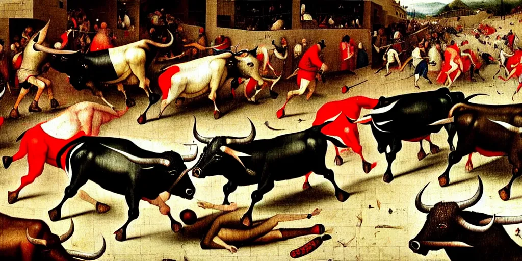 Image similar to the running of the bulls in pamplona, hundreds of people are fleeing from rampaging bulls in the city streets, art by hieronymus bosch, intricate, elegant, highly detailed, smooth, sharp focus, artstation