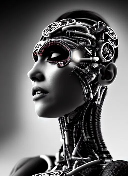 Image similar to a stunning young female cyborg profile face, face is made intricate tribal bio - mechanical, bw, unreal engine, glamor shot, nikon d 7 5 0, closeup, f / 2. 8, low contrast, 1 6 k, rim lighting, optical fiber, cinematic lighting, insanely detailed and intricate, hypermaximalist, elegant, ornate, hyper realistic,