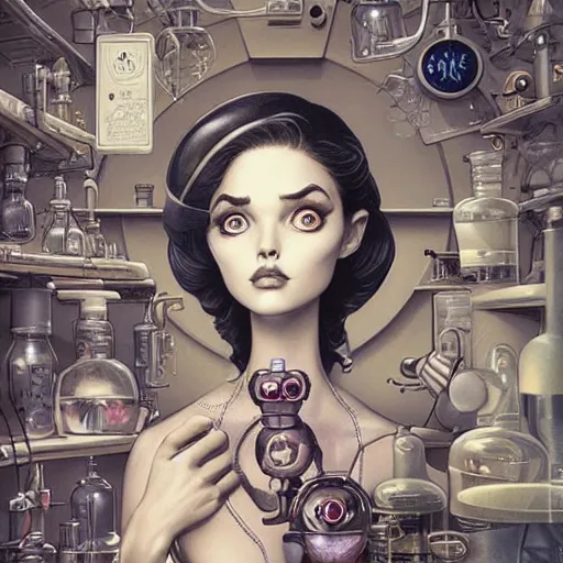 Image similar to Lofi portrait in laboratory, Pixar style by Joe Fenton and Stanley Artgerm and Tom Bagshaw and Tim Burton