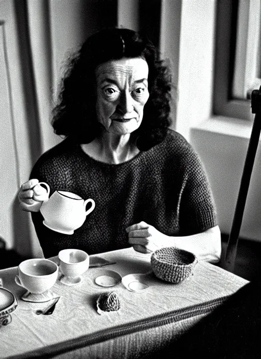 Prompt: A frame from the film 'Knitting at Home sipping some tea' directed by Salvador Dali, 70mm, grainy film photography, chiaroscuro, highly detailed, masterpiece