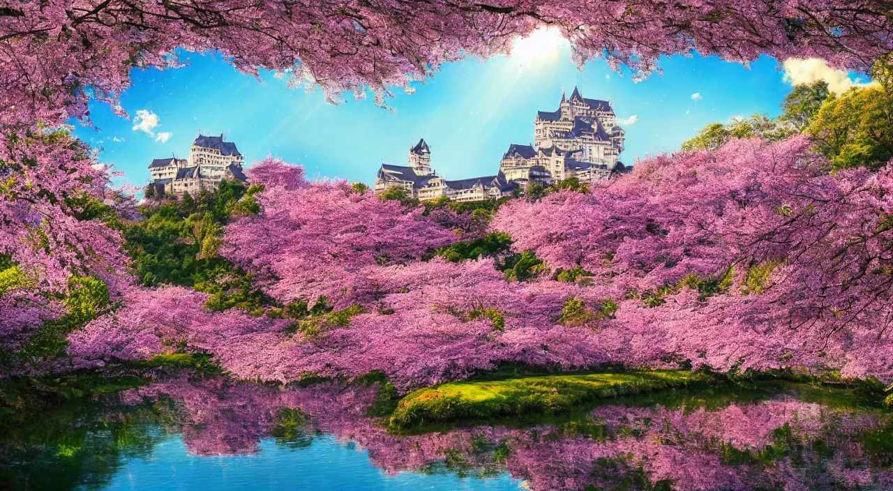 Image similar to landscape with a big castle surrounded by cherry blossom, hyper - detailed, god rays, light, trees, river, trending on artsation