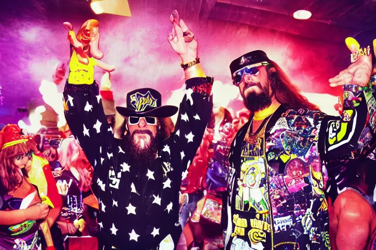 Image similar to macho man randy savage iwgp heavyweight champion at a birthday party at chuck e cheese, mid 9 0 s, gritty, ethereal details, cinematic lighting, hyper - detailed, maximalist, artstation, 8 k