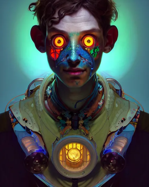 Image similar to portrait of a patchwork boy, bioluminescent, wires, horror, asymmetrical art, highly detailed, concept art, cinematic, hyperrealism, epic, art by stanley lau and artgerm and magali villeneuve and alphonse mucha and pixar, artstation, octane render, cgsociety