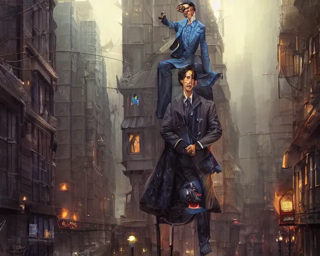 Prompt: sherlock holmes in a futuristic city street, cool, detailed, realistic, digital art, hd, by alayna lemmer, by tom bagshaw, by fintan magee