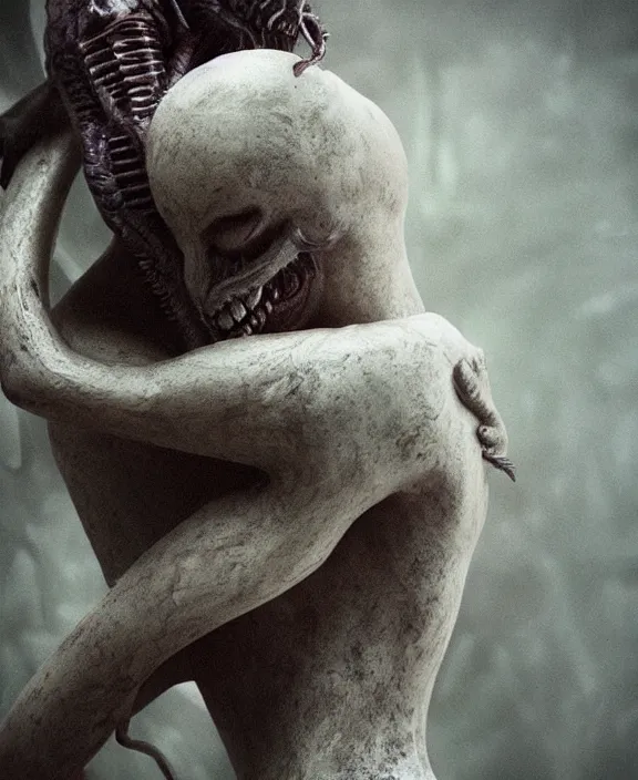 Image similar to xenomorph hugging pale sad beauty merging, dark mist colors, giger background liminal void, digital art, cinematic lighting, realistic, award winning photograph, various refining methods, micro macro autofocus