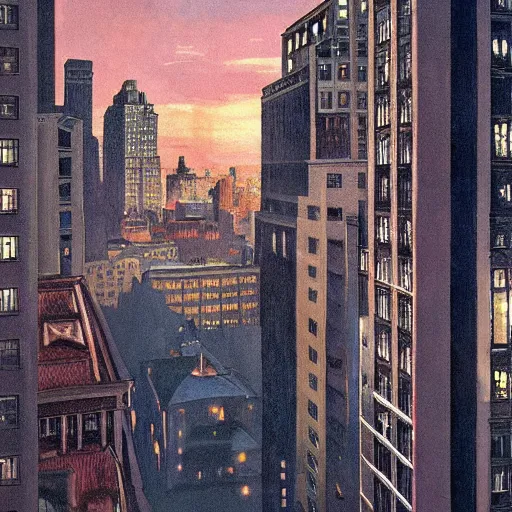 Image similar to muted color ultra realistic painting of a balcony view of 1 9 2 5 boston downtown at night in dr strange's mirror dimension, dark, brooding, night, atmospheric, horror, cosmic, ultra - realistic, smooth, highly detailed in the style of clyde caldwell