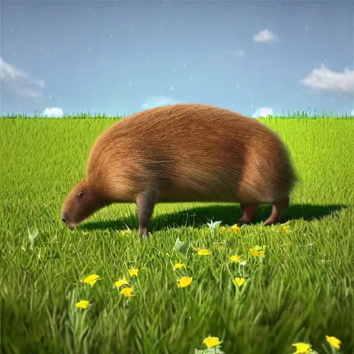 Image similar to “photorealistic capybara performing tai chi, hd, centered, sharp focus, octane render, trending on art station, wildflower field background, highly detailed, high quality”