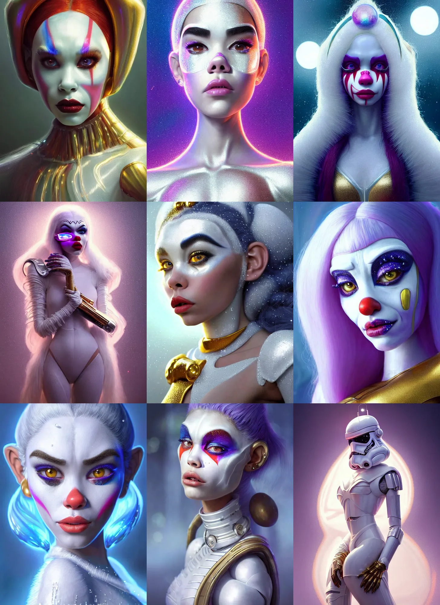 Prompt: madison beer : : bright white sparkly polished clowncore weta cyborg : : disney pixar star wars movie still photo : : soft, arctic queen, hi - fructose, sci fi layered decadent highly - detailed digital painting, golden ratio, octane render, artstation, concept art, smooth, sharp focus, illustration, artgerm mucha, loish, wlop