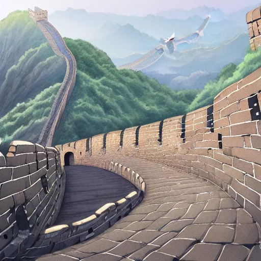 Prompt: The Great Wall, Ghibli, Anime Background, Miyazaki Hayao, concept art, illustration,smooth, sharp focus, intricate, super wide angle, trending on artstation, trending on deviantart, 4K