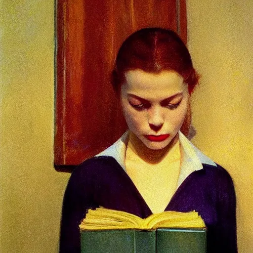 Image similar to close up of a girl with a book, film still by edward hopper, by gottfried helnwein, by klimt, art noveau, highly detailed, strong lights, liminal, eerie, bright pastel colors,