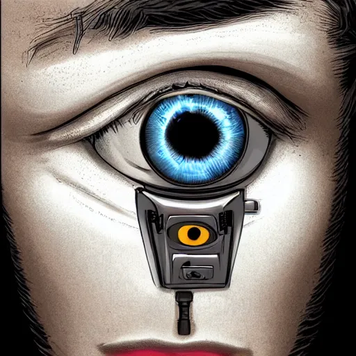 Prompt: man's face with a cyborg eye showing, hyperdetailed, realistic, high - resolution illustration that slightly looks like a comic character