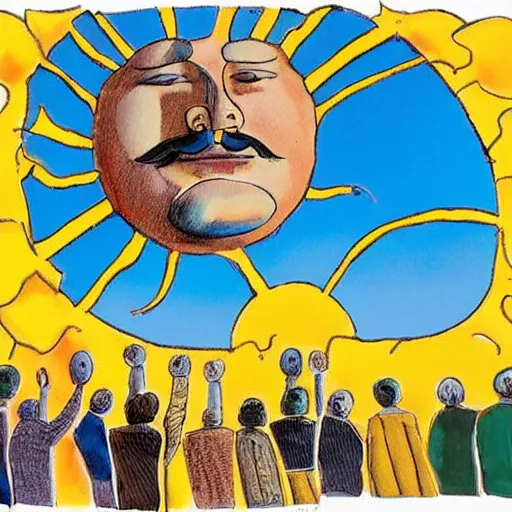 Prompt: wide shot of a small crowd pointing at the sun. in the style of salvador dali