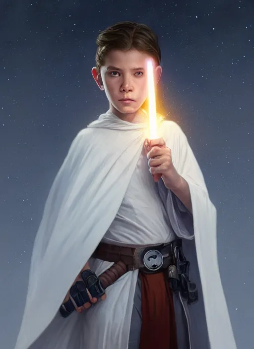 Image similar to perfectly - centered - portrait of a kid wearing white cloak holding light saber, intricate, highly detailed, digital painting, artstation, concept art, smooth, sharp focus, illustration, unreal engine 5, 8 k, art by artgerm and greg rutkowski and alphonse mucha