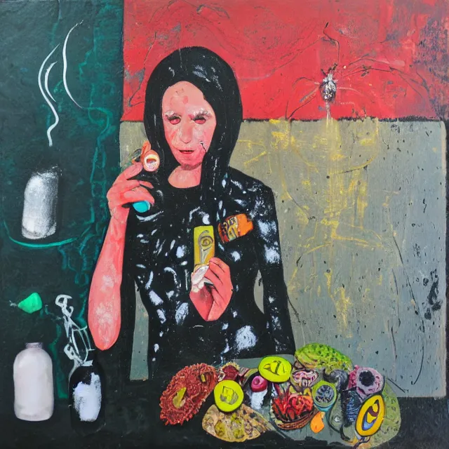 Prompt: a portrait in a dark apartment, a widow holding an octopus, milk, berries, broken bottles, metaphysical, neo - expressionism, surrealism, acrylic and spray paint and oilstick on canvas