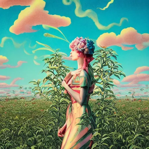 Image similar to pretty model with orchards and clouds : : by martine johanna and simon stalenhag and chie yoshii and casey weldon and wlop : : ornate, dynamic, particulate, rich colors, intricate, elegant, highly detailed, vogue, harper's bazaar art, fashion magazine, smooth, sharp focus, 8 k, octane render