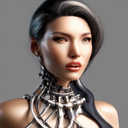 Prompt: portrait of a biomechanical supermodel by Artgerm, photorealistic octane render