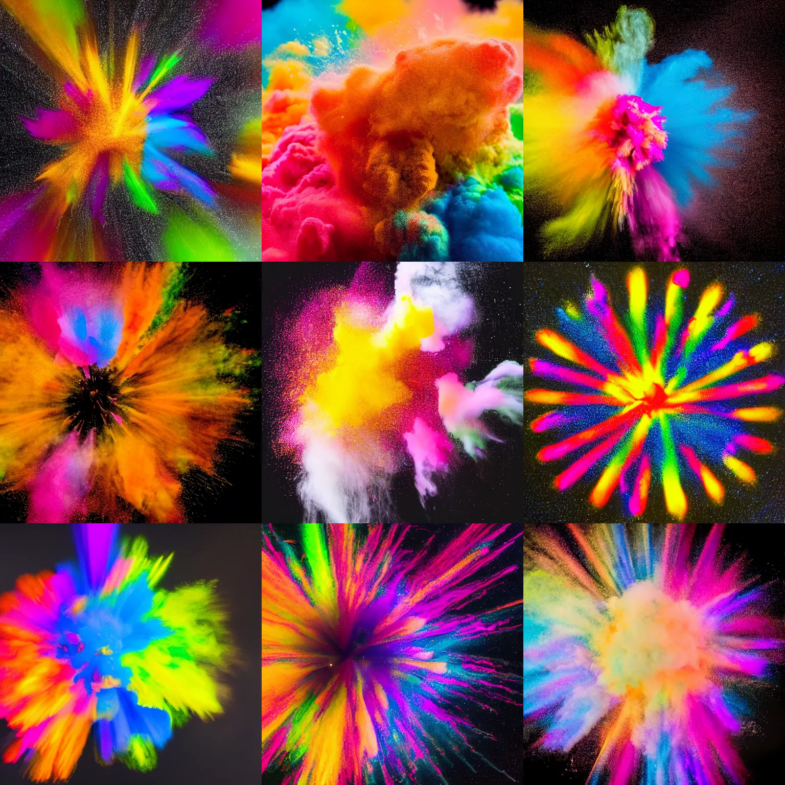 Prompt: A centered explosion of colorful powder on a black background