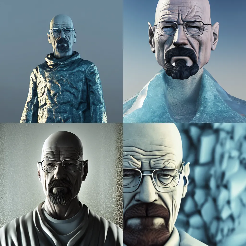Prompt: an ice statue of walter white from breaking bad as a ninja warrior, golden ratio, cinematic, trending on artstation, deviantart and cgsociety, 8k, high resolutionindustrial lighting, photorealistic, octane render, depth of field, 3D,