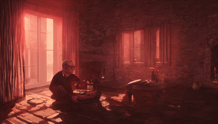 Image similar to old brick house, bright red light through the windows, black curtains, fireplace, old man watching through windows, hyperdetailed, artstation, cgsociety, 8 k