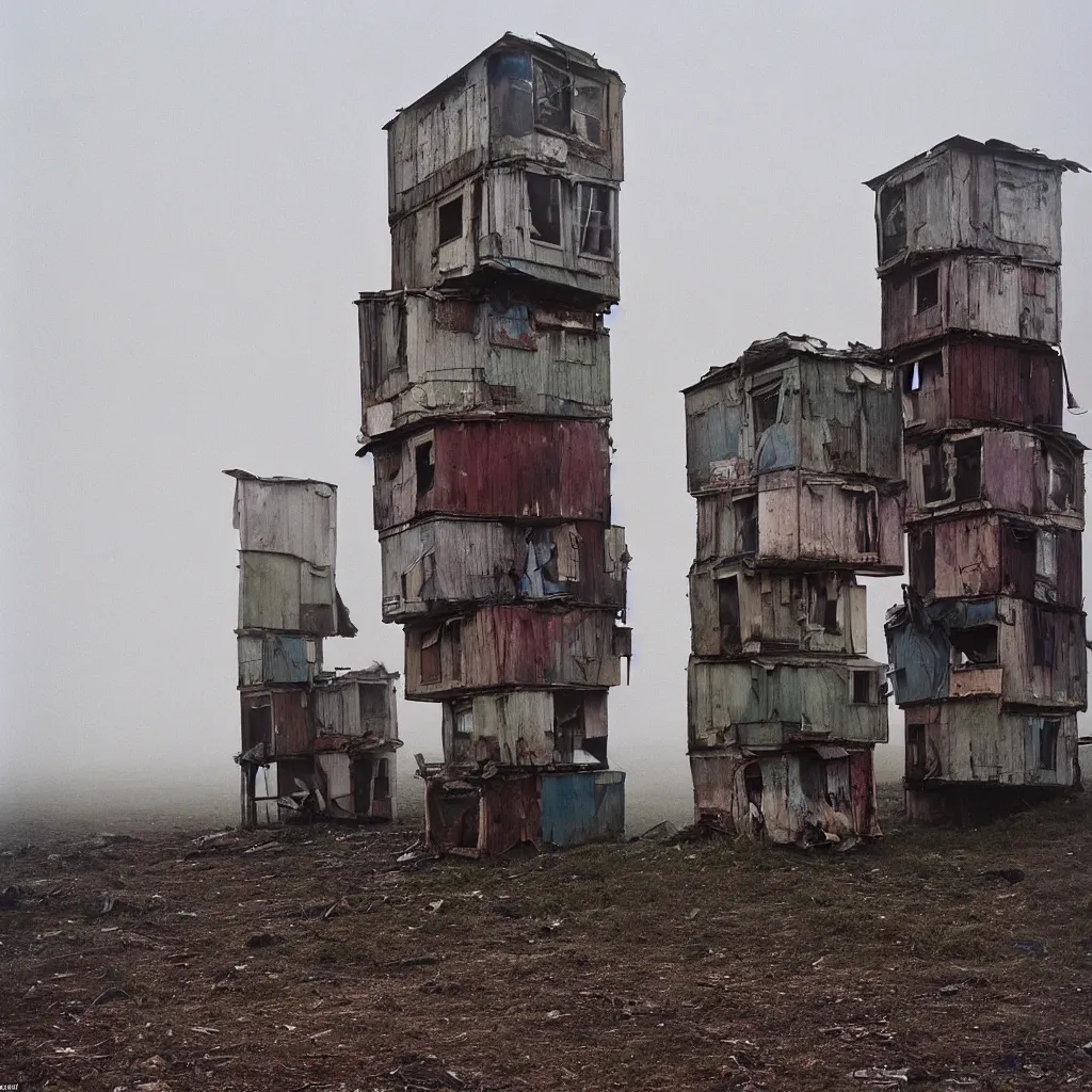 Prompt: two towers, made up of makeshift squatter shacks with faded colours, uneven dense fog, dystopia, mamiya, f 1 1, fully frontal view, photographed by jeanette hagglund