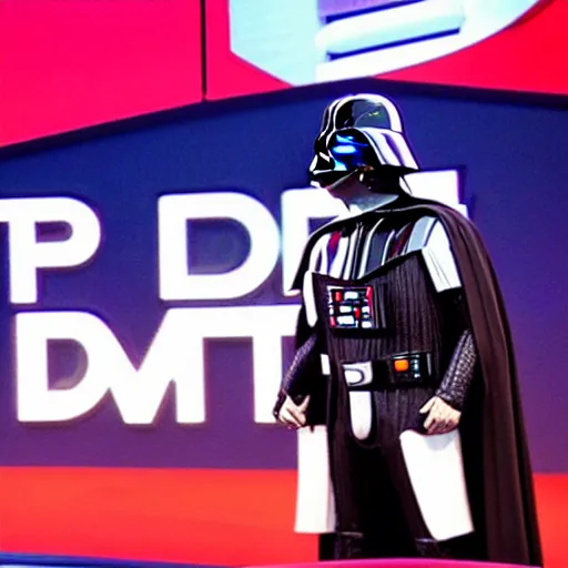 Prompt: rare photo of lord vader giving ted talk