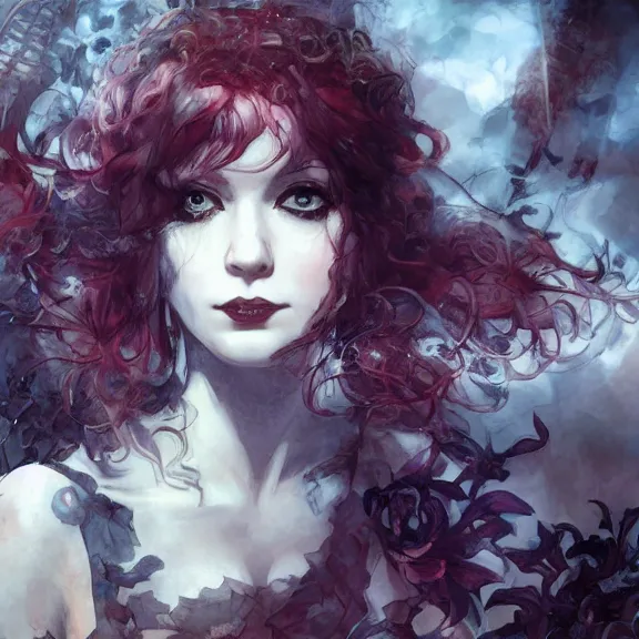 Image similar to christina hendricks!!!!! goth!!!!!, tankoban, 4 k, tone mapping, akihiko yoshida, james jean andrei riabovitchev marc simonetti, yoshitaka amano, long hair, curly, h. hydrochaeri