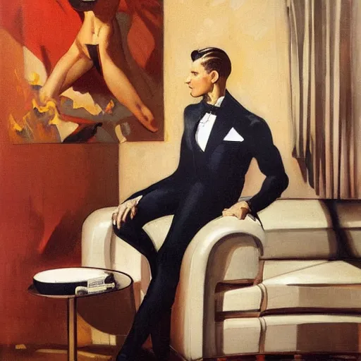 Prompt: man in futurist room with coffee and black suit by leyendecker and dean cornwell, 8 feet from the camera, 6 0 ´ s futurist furniture