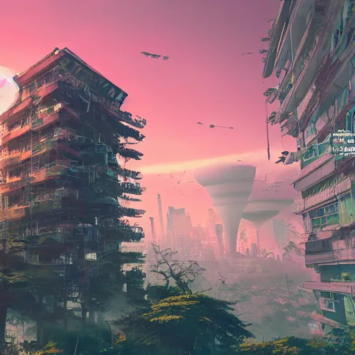 Prompt: Maximalism illustration of cyberpunk ruins Tokyoin sky reclaimed by nature, by Otomo Katsuhiroand Annibale Siconolfi, cgsociety, 8K, unrealengine.