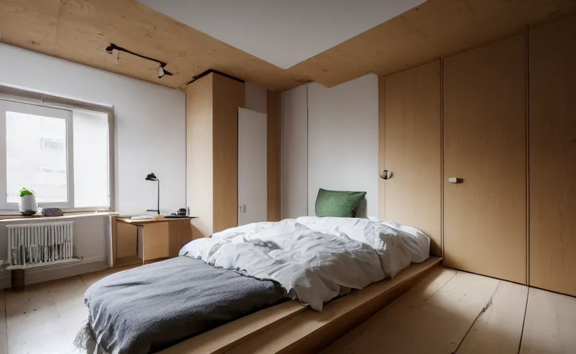 Image similar to interior of a compact bedroom in an apartment building, bed, ocher wall, cupboards, japanese design, swedish design, natural materials, minimalism, pine wood, earth colors, feng shui, white, beige, bright, windows with a view of a green park, modernist, 8 k