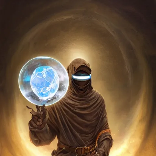 Image similar to masked nomad male wearing a cloak on and holding a holographic planet projection in his hand, detailed, sci - fi, digital painting, artstation, sharp focus, illustration, ominous, artgerm, tomasz alen kopera, peter mohrbacher, donato giancola, joseph christian leyendecker, wlop, frank frazetta