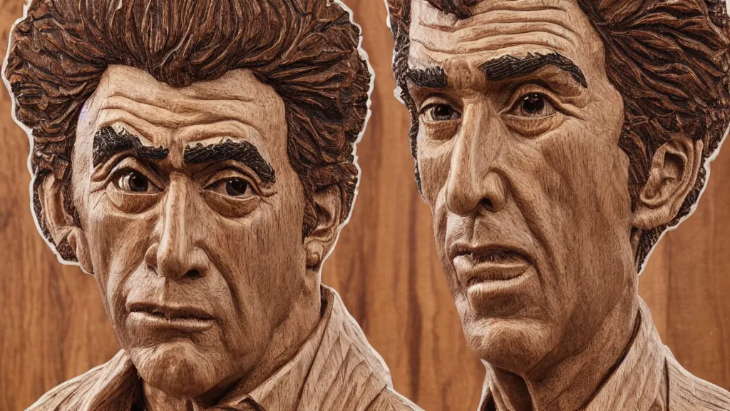 Prompt: a highly detailed, realistic wood carving of Cosmo Kramer, intricate, 8k highly professionally detailed, HDR