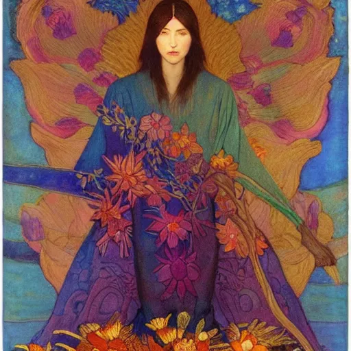 Image similar to the flower prince, by Annie Swynnerton and Nicholas Roerich , embroidered robes, floral tattoos, bioluminescent, elaborate costume, geometric ornament, symbolist, soft colors, dramatic lighting, smooth, sharp focus, extremely detailed