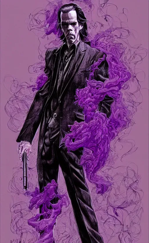 Image similar to full body portrait of nick cave with a lot of purple smoke coming out of his mouth!!!, concept art, sumi - e style, intricate linework, artstation, trending, highly detailed, smooth, focus, art by yoji shinkawa and glenn fabry,