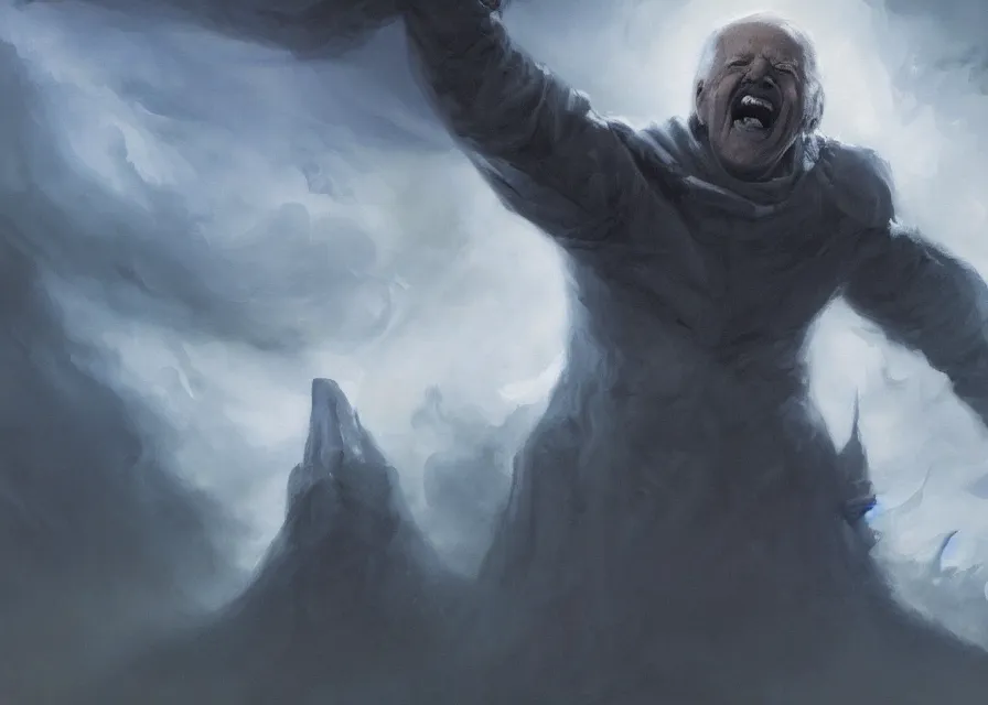 Image similar to abstract painting of giant Joe Biden grinning evil emperor of the world emerging in dark clouds, Sidious, noxious, cosmic horror, evil, dangerous, trending on ArtStation, masterpiece, by Greg Rutkowski, by Ross Tran, by Fenghua Zhong, octane, lightbeam eyes, soft render, clear facial features, oil on canvas, immense crowd of imploring people, moody lighting, cinematic, professional environment concept art