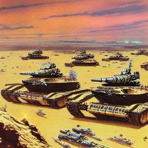 Prompt: tank battalion in the acid plains of mars, 1 9 5 0 s vintage sci - fi art, by bruce pennington