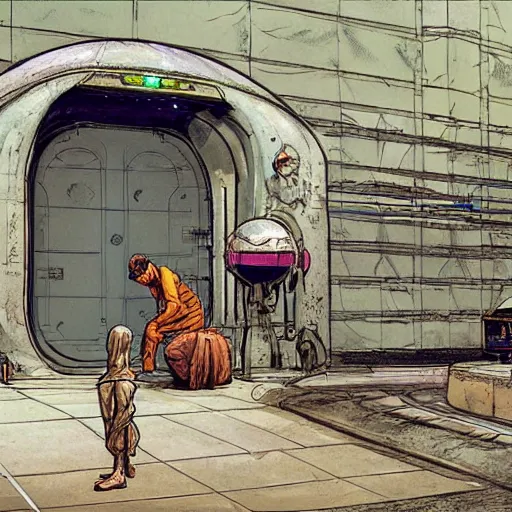 Prompt: Beggar priest in busy spaceport on luna 5 colony. Concept art by James Gurney and Mœbius.