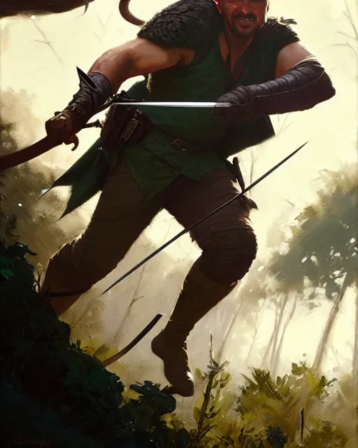 Image similar to robin hood fighting the predator. realistic shaded lighting poster by greg rutkowski, magali villeneuve, artgerm, jeremy lipkin and michael garmash and rob rey