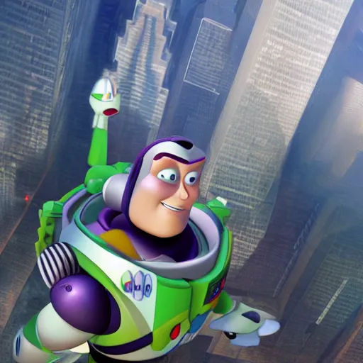 Image similar to buzz lightyear flying around the twin towers, oil on canvas by william sidney mount, octane render