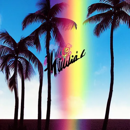 Prompt: miracle musical Hawaii part ii album cover, showing an ocean in the background, spiral transparent stairs on the left with tall palm trees behind it, a slight rainbow in the background, white outline border, moon in the right top area black and white except for the rainbow album cover