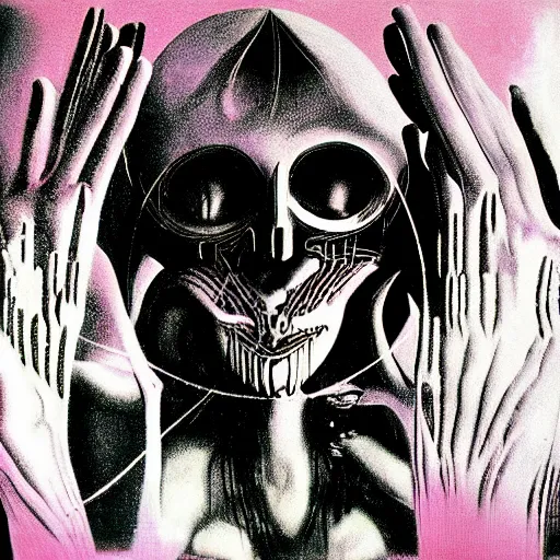 Image similar to post - punk new age album cover, magic, apocalypse, psychedelic, black white pink, magic, giger h. r.