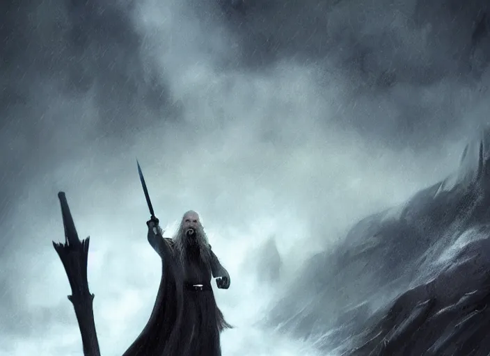 Image similar to gandalf screaming at darth vader, beautiful landscape, dramatic lighting, cinematic, establishing shot, night time, heavy rain, extremly high detail, photorealistic, cinematic lighting, post processed, concept art, artstation, matte painting, style by greg rutkowsky